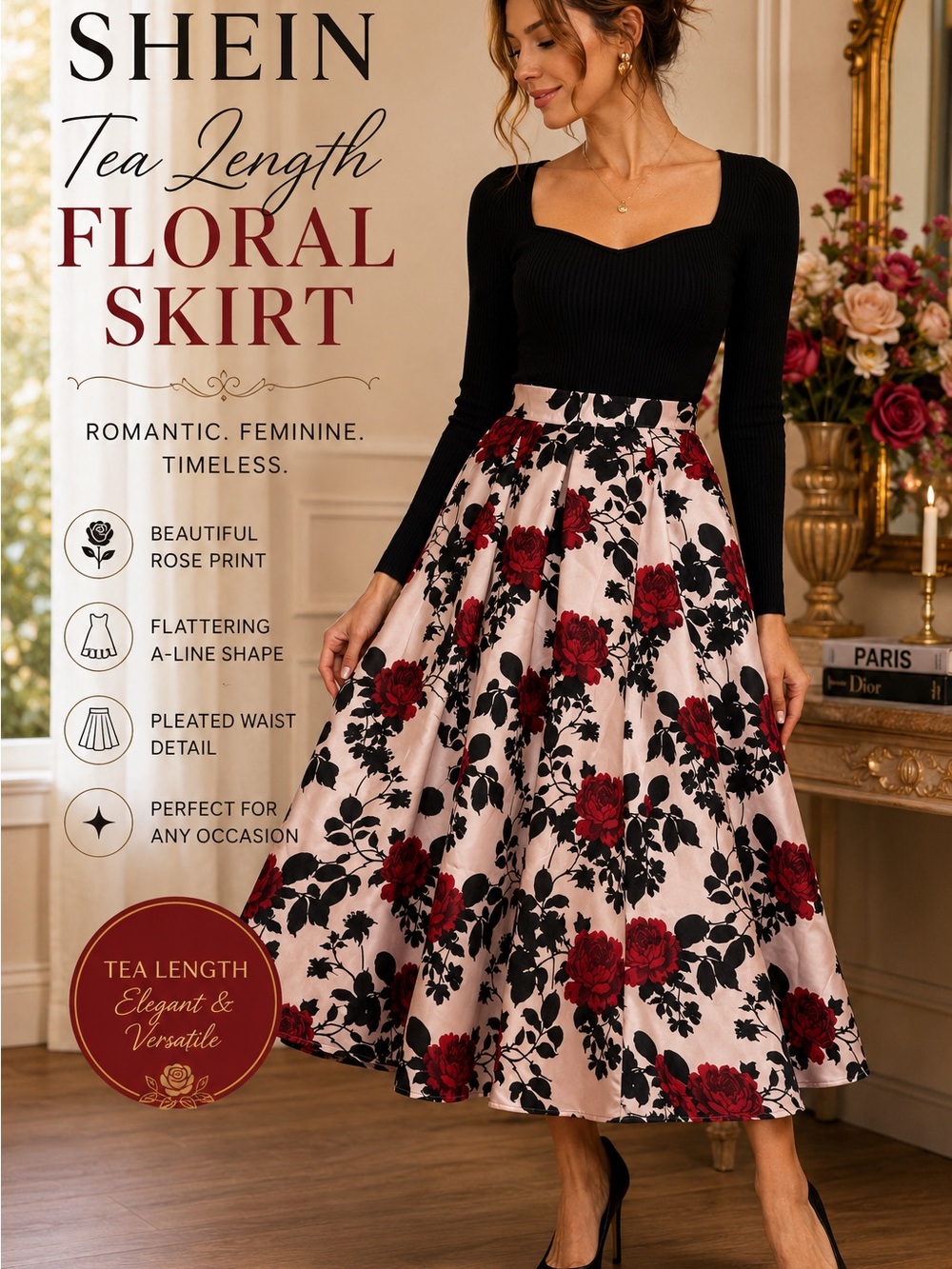 SHEIN Tea Length Floral Rose Print A-Line Midi Skirt Size M US 6